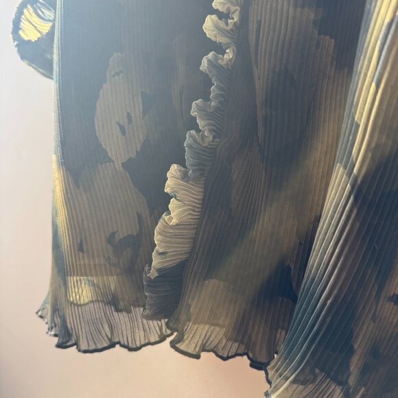 GANNI Pleated Georgette Balloon-sleeve Dress in Black and Olive Green - Picture 5 of 7